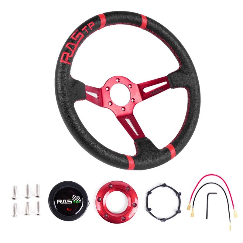 RASTP Universal Racing Steering Wheel,Deep Dish Steering Wheel Leather Embroidery 13.58â€/345mm 6 Bolts with Horn Button Include Cable, Wrench,Red - Image 2